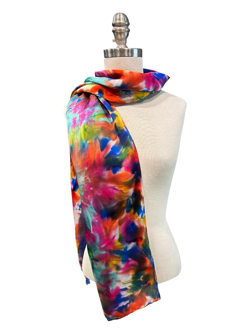 Hand Painted Blue, Marigold, Orange, Fuchsia, Green Silk Scarf NWT
